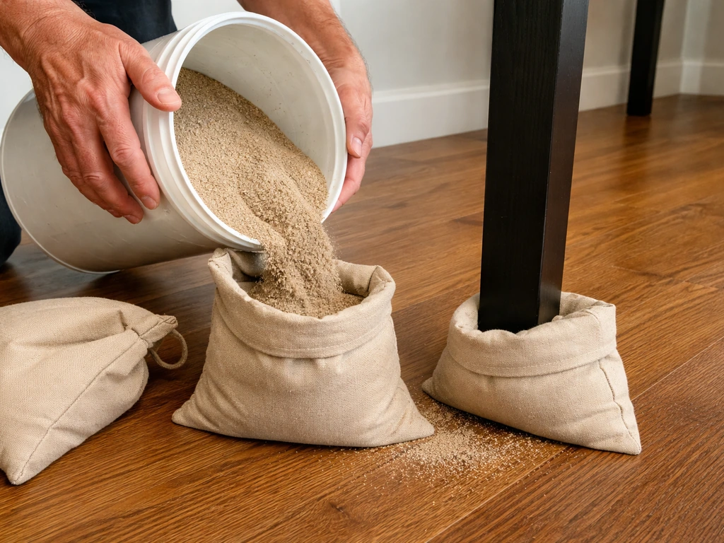 Person pouring dry sand into small canvas sandbags, then placing them under table legs before a storm.