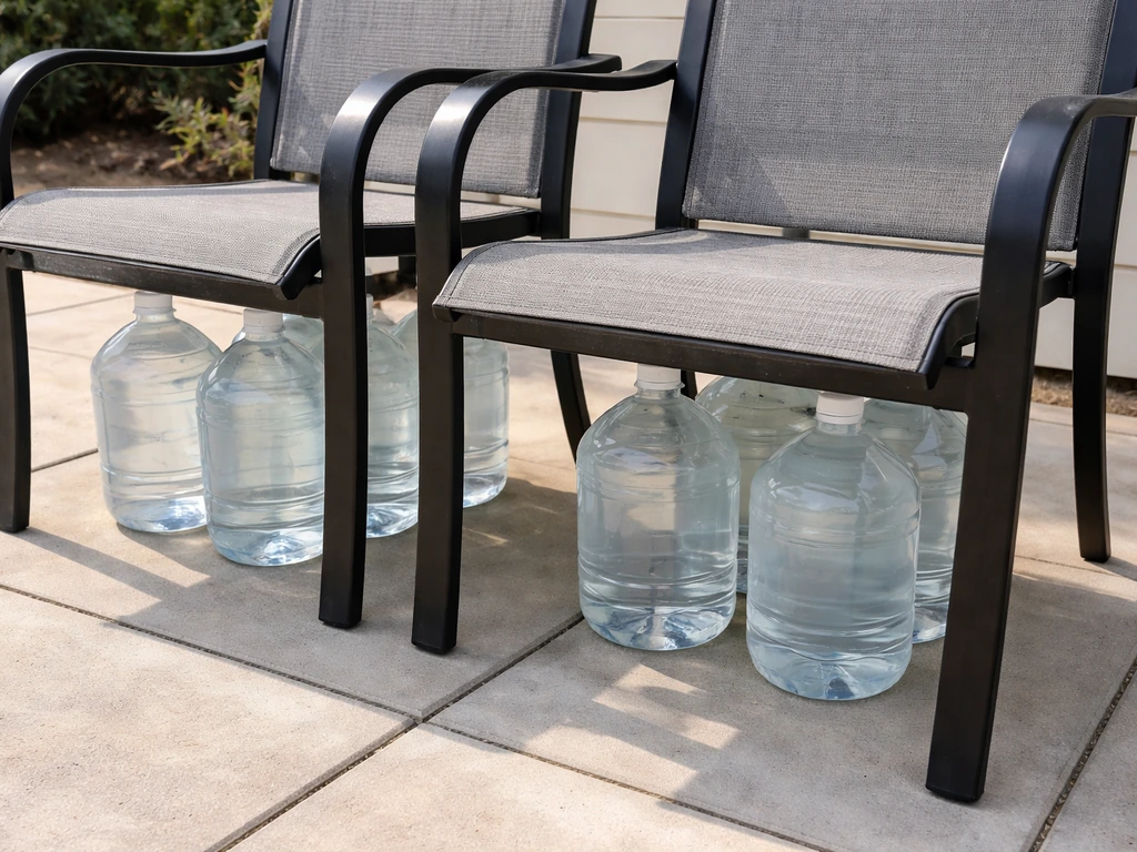 Clear water-filled gallon jugs used as improvised weights under a chair for stability.