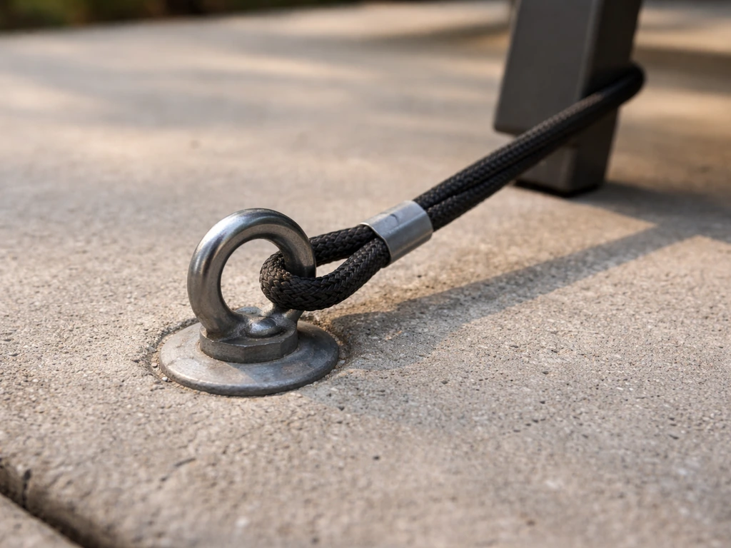 Close-up of a cable strap securing a furniture leg to a concrete deck anchor point