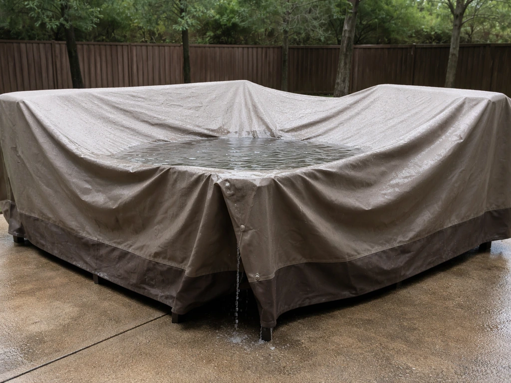 Patio furniture covered with a sagging cover where rainwater pools and drips near the edges.