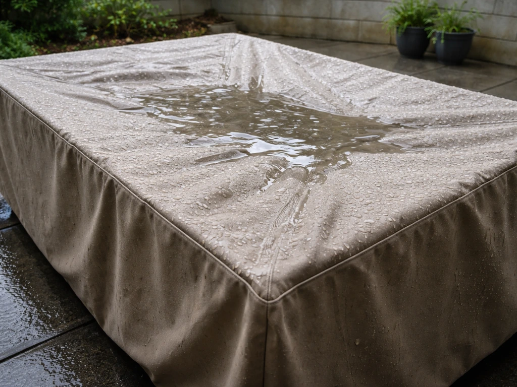 Rainwater pools in the low center of a sagging patio furniture cover on a concrete patio.
