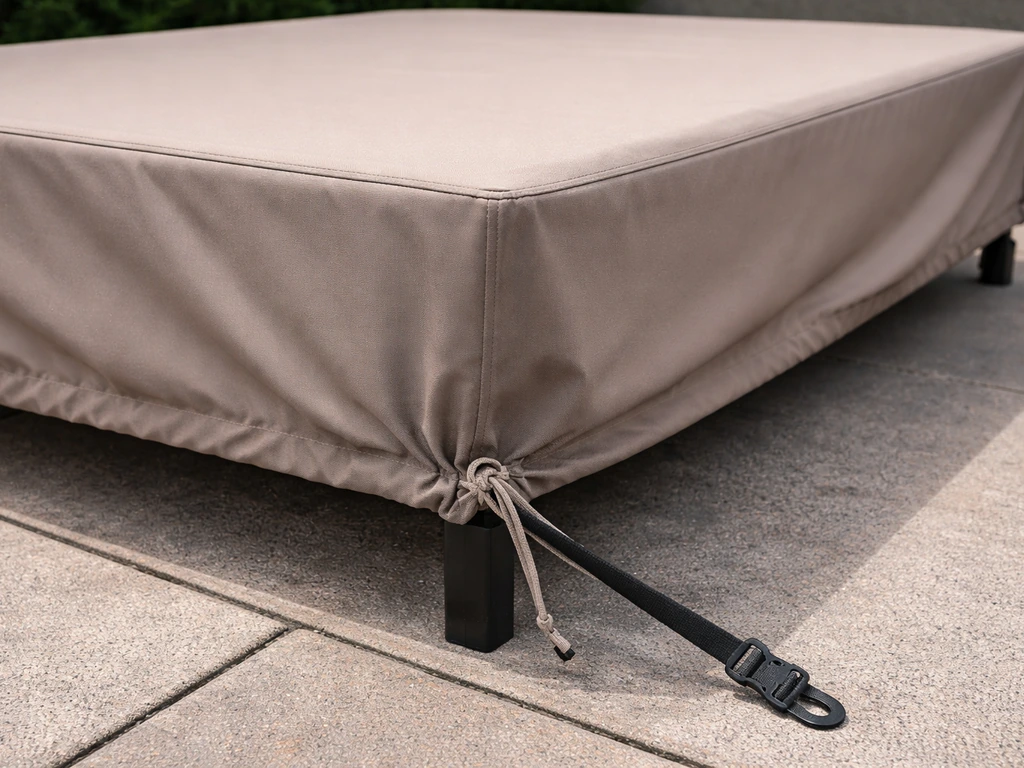 Taut outdoor furniture cover pulled tight with hem drawcord and tied down to shed water.