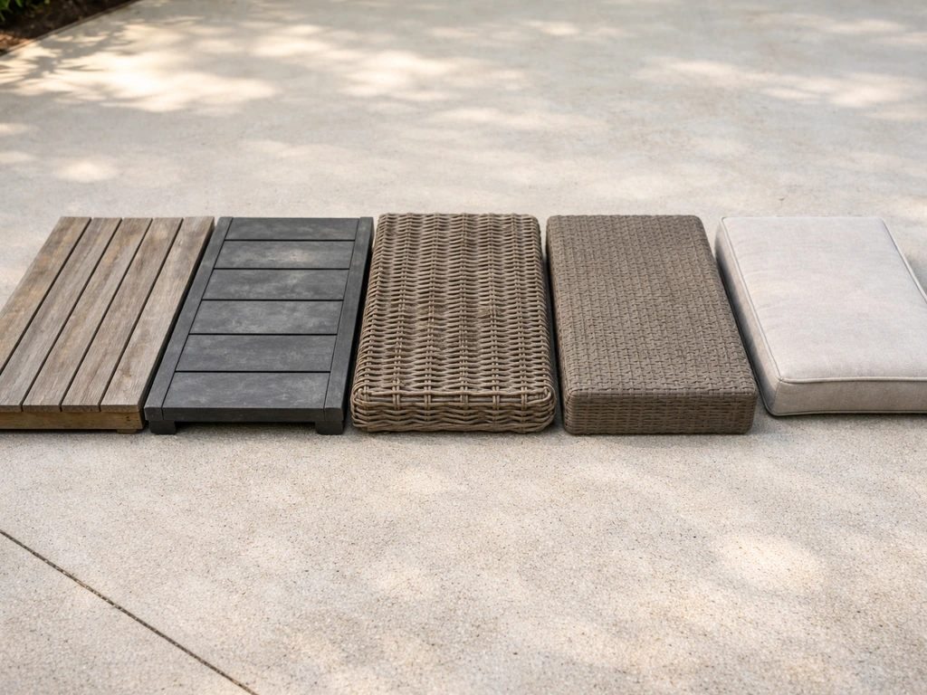Side-by-side patio materials—teak wood, metal, wicker, resin/plastic, and a cushion—shown before cleaning.