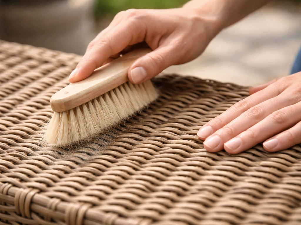 Close-up of gentle brushing between rattan woven strands to clean a wicker surface.