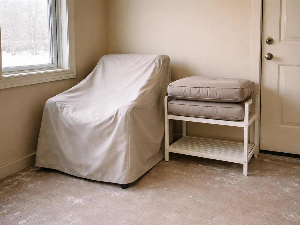 Patio chair covered and cushions stored indoors in a dry winter storage room
