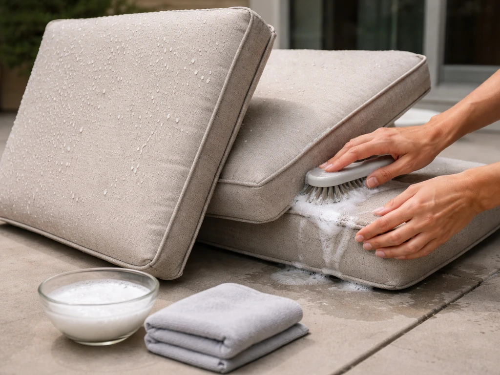 Hands spot-cleaning a cushion fabric with a soft brush, cushions upright to dry on their edges.