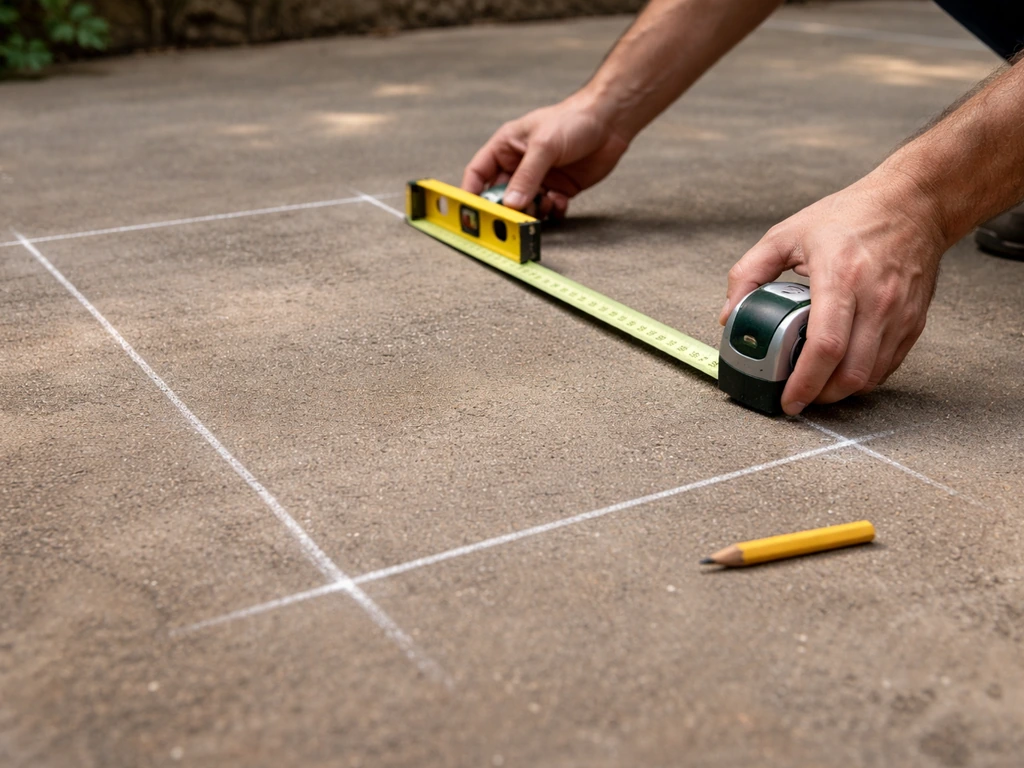 Hands measure and mark a simple patio furniture footprint on concrete with tape and level.