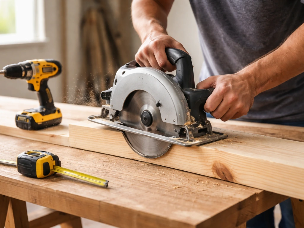 Hands using a circular saw with blade guard intact, with drill/driver and tape measure on a workbench