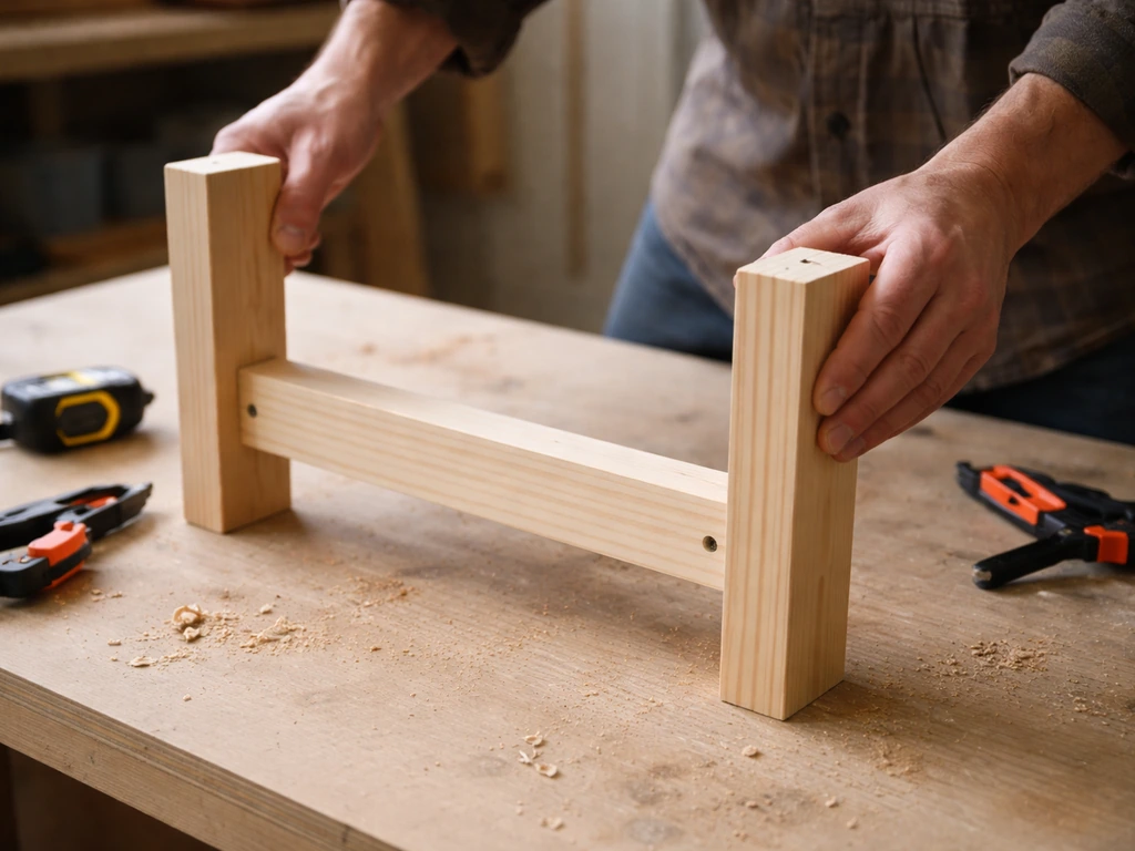 Hands align a wooden side frame: two bench legs connected by an end stretcher on a workbench.