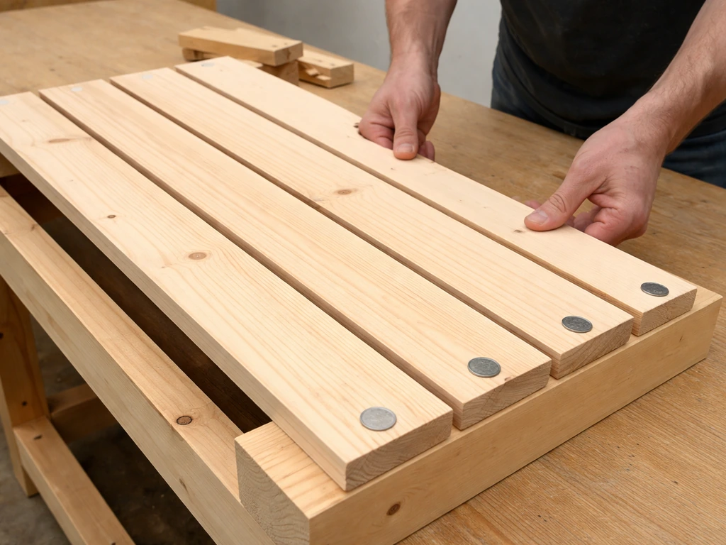 Close-up of wooden seat boards laid across a frame with a coin spacer for even 1/4-inch gaps