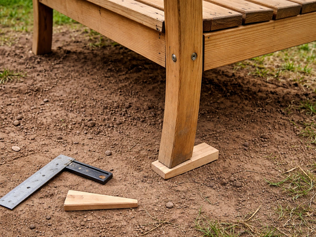 Wooden bench on uneven ground with one leg lifted; square and wedge on soil to suggest fixing wobble.