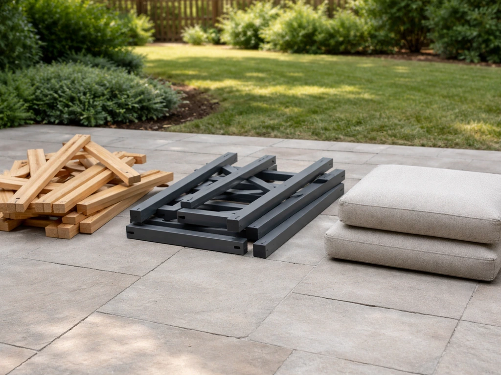 Patio furniture pieces laid out in separate piles: bare wood, painted metal, and fabric cushions for sorting needs.