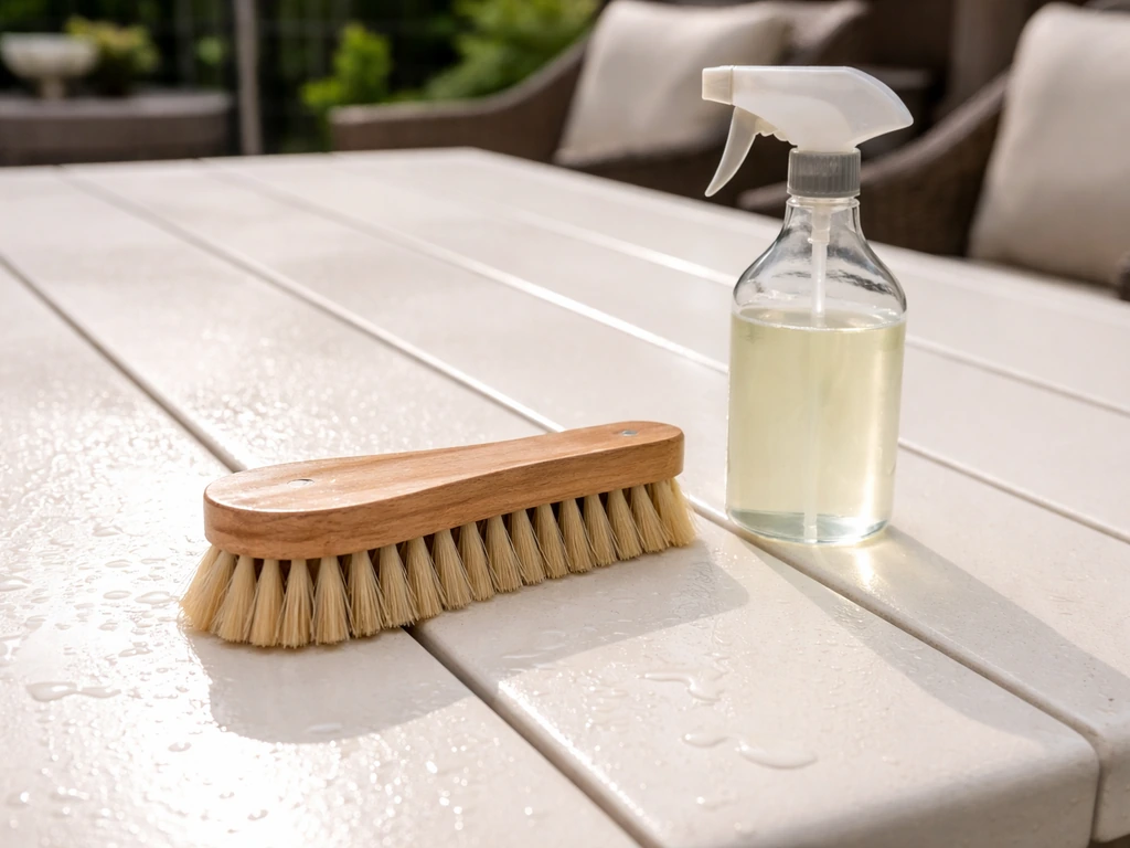 Stiff brush and cleaner prepping a visibly deep-cleaned patio furniture surface for sealing