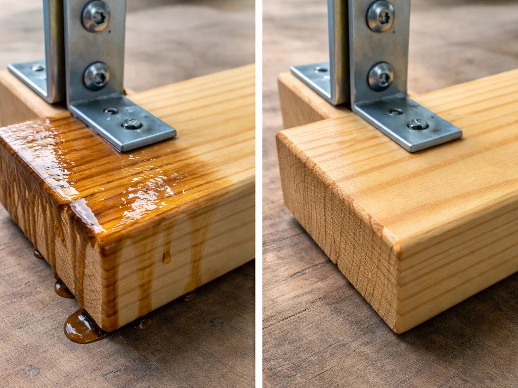 Split close-up: incorrect waterproofing with streaks and pooling vs correct even wet edge on wood.