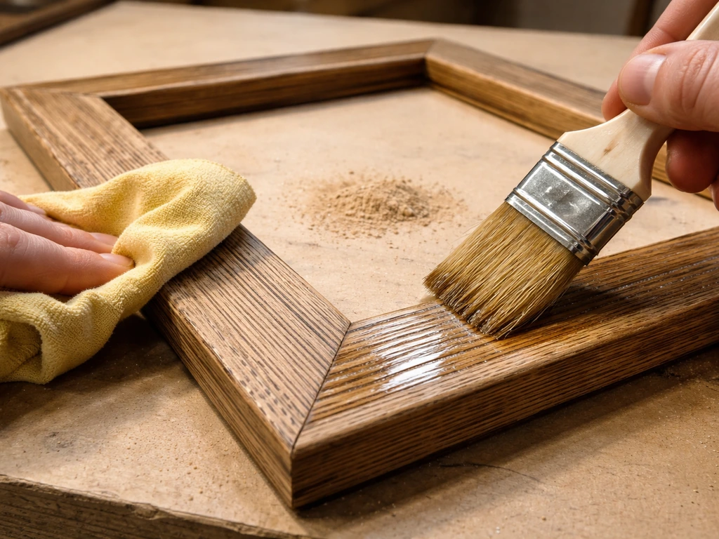 Close-up of a wooden frame being sanded and a brush applying sealer into the grain.