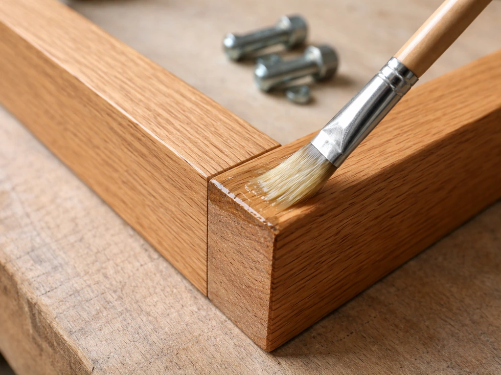 Close-up of a wood frame corner joint being brushed with sealer, focusing on the seam and metal hardware area.