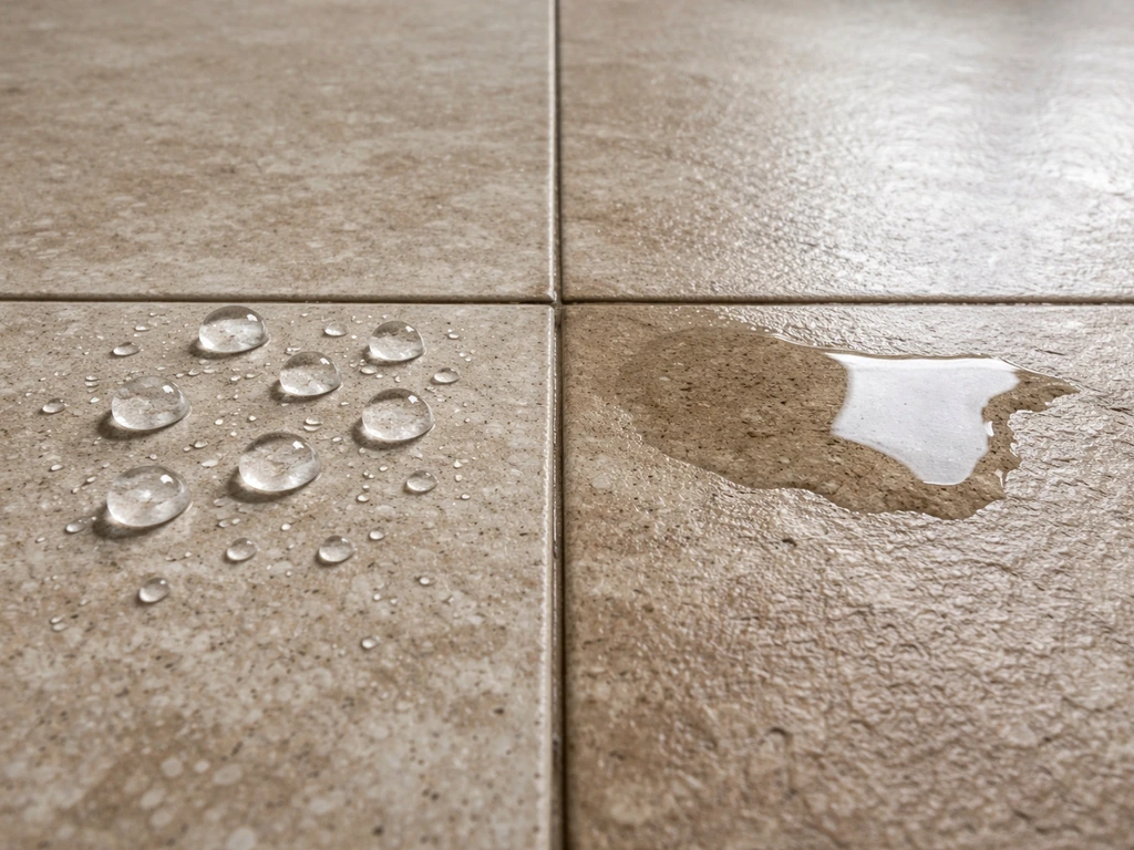 Water beading on treated tile while untreated tile holds a small puddle, showing waterproofing effectiveness.
