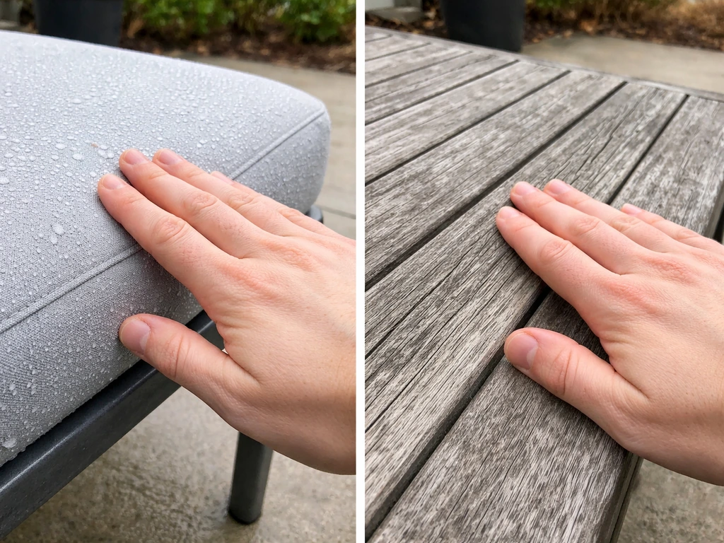 Hand inspecting outdoor furniture: mild dew on cushions and weathered wood in colder conditions.