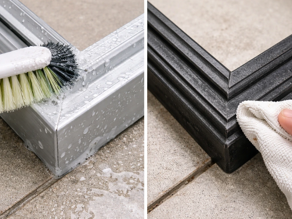 Closeups of scrubbing aluminum with mild soap and wiping cast iron to check rust spots.