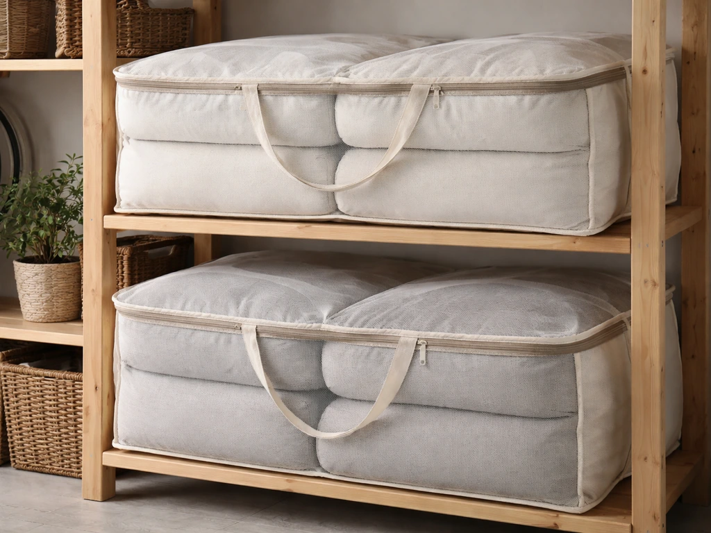 Clean, dry outdoor cushions in breathable bags stored on open shelves in a garage.