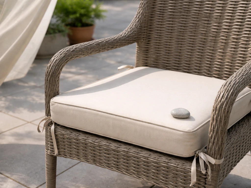 Patio cushion strapped and weighted on an outdoor chair while nearby fabric flutters in the breeze.