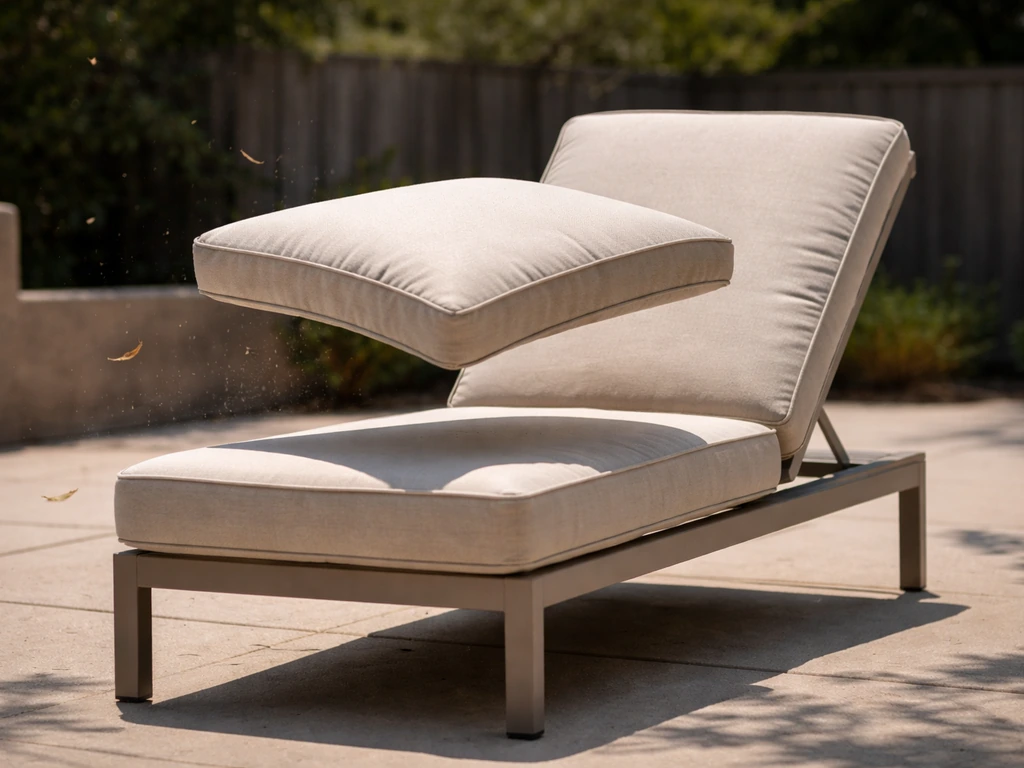 Patio chair cushion sliding in a windy gust, lifted off the seat on an outdoor patio.