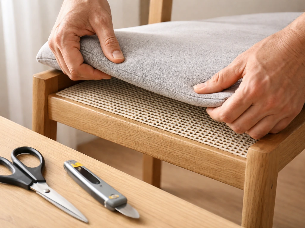 Close-up of hands cutting and placing non-slip rubber shelf liner under a cushion on a chair seat