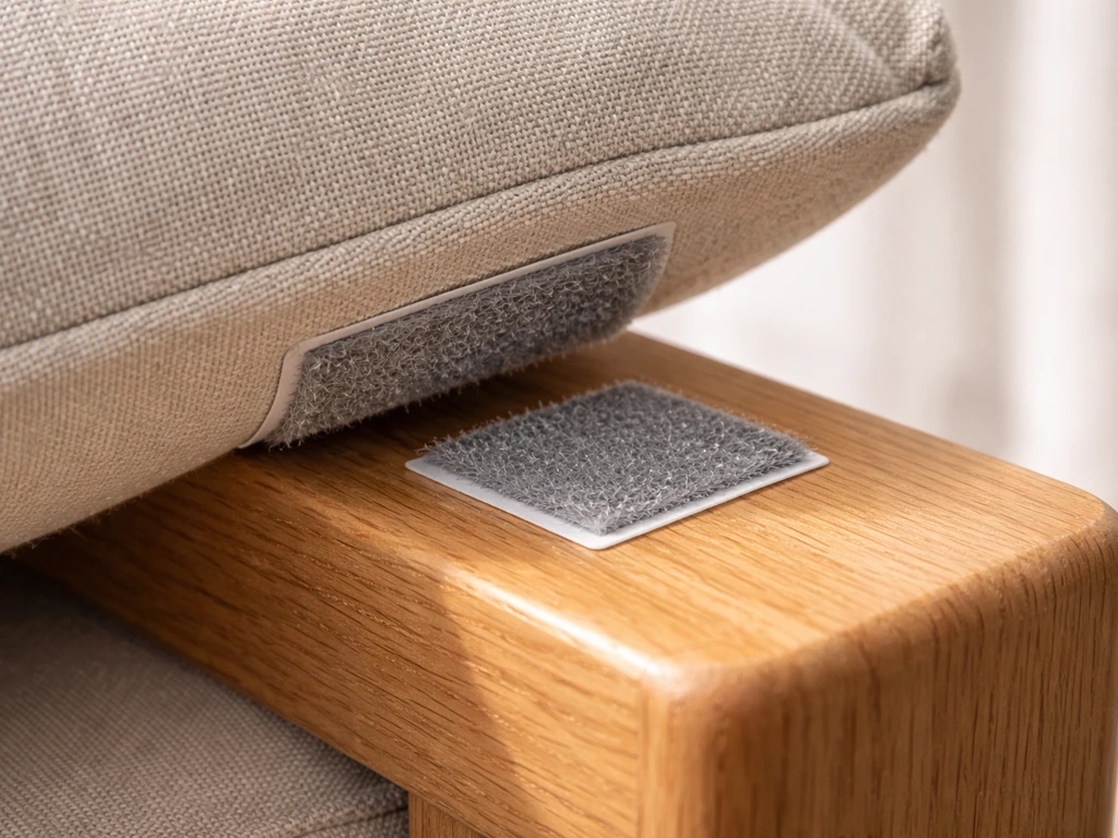 Close-up of adhesive-backed Velcro hook-and-loop strips securing a cushion to furniture.