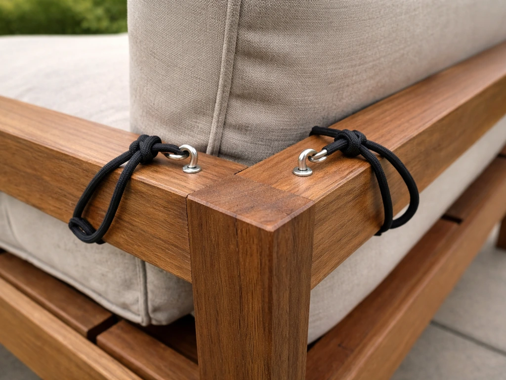 Outdoor furniture cushion secured with cord loops to screw-in hooks on a wooden frame.