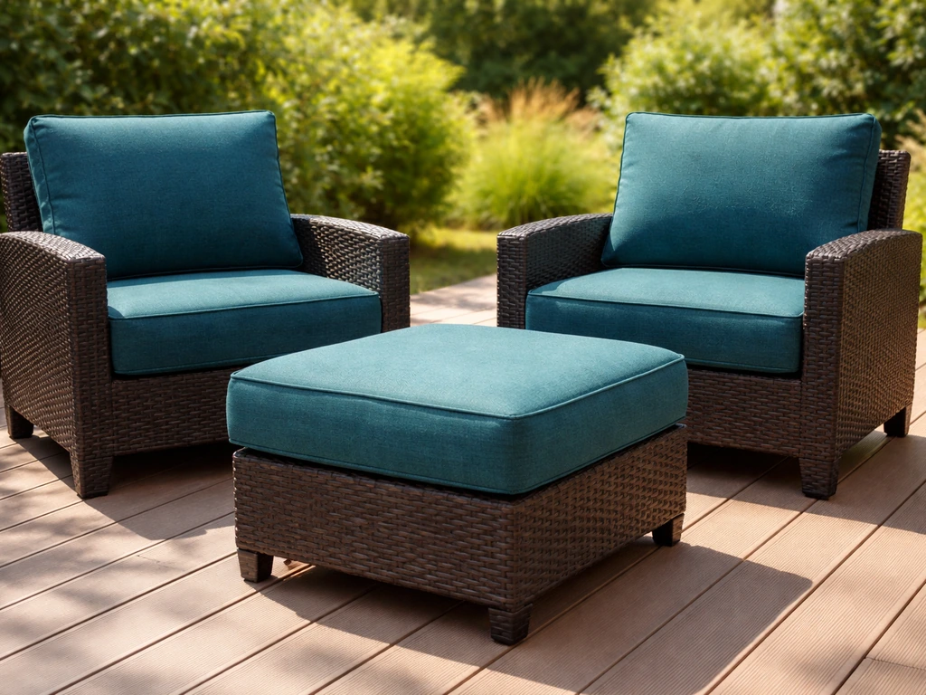 Patio furniture with freshly dyed fabric covers in rich teal under bright natural daylight.