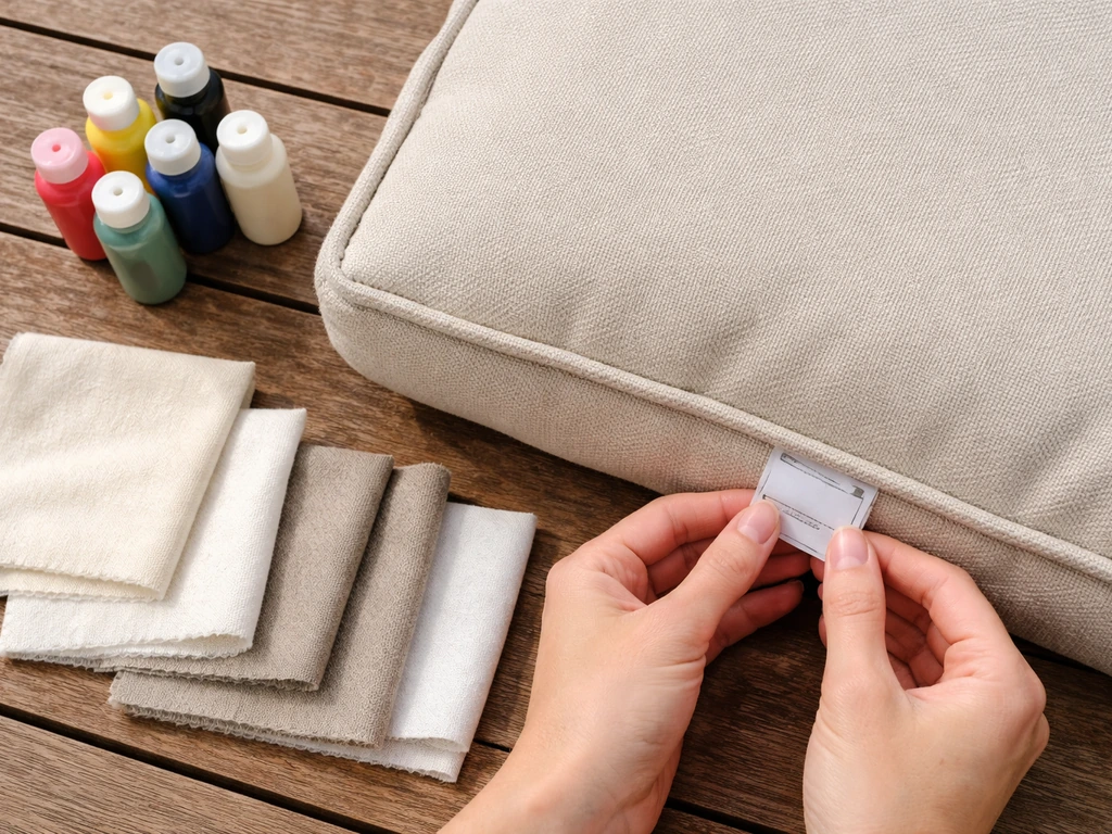 Hands checking a fabric care tag on a patio cushion seam, with blank dye bottles and fabric swatches.