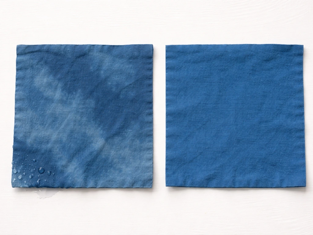 Two side-by-side fabric swatches: left blotchy uneven dye, right evenly dyed fabric on a white table.