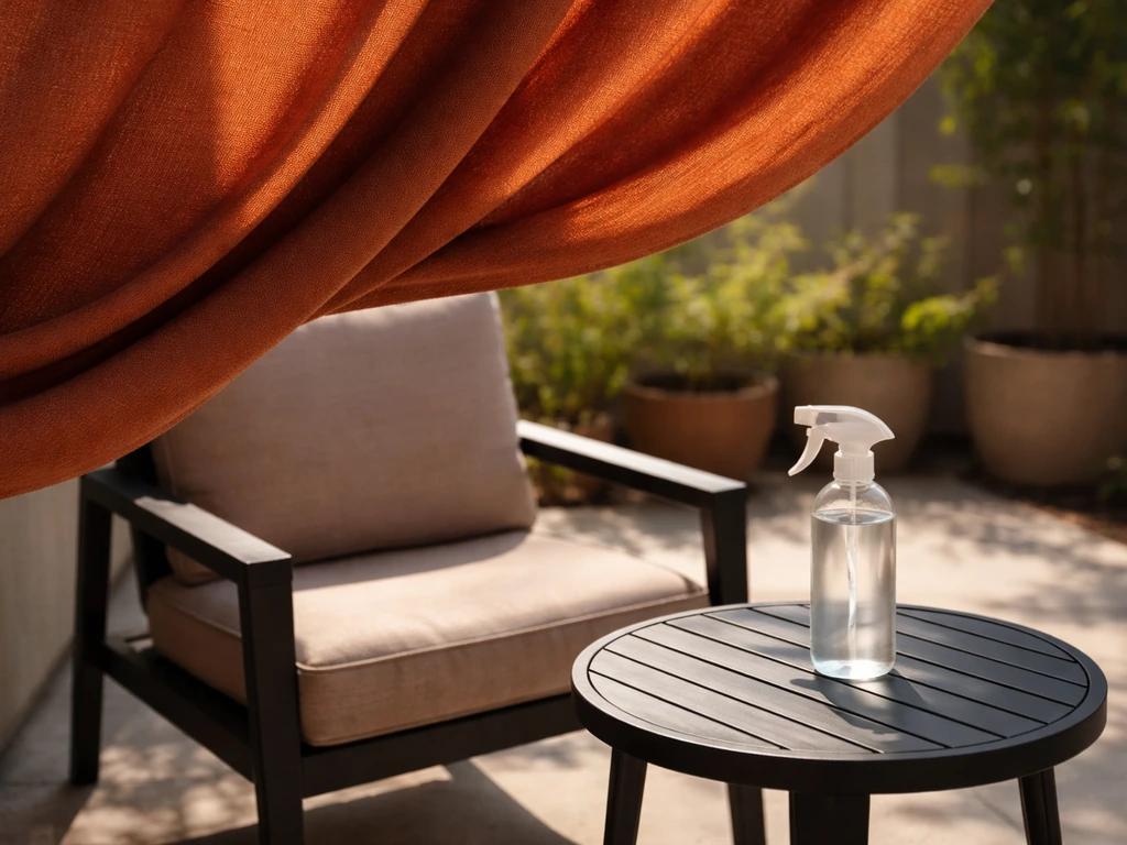 Dyed patio cover rehung over outdoor furniture with sunlight and a subtle protective spray bottle nearby.