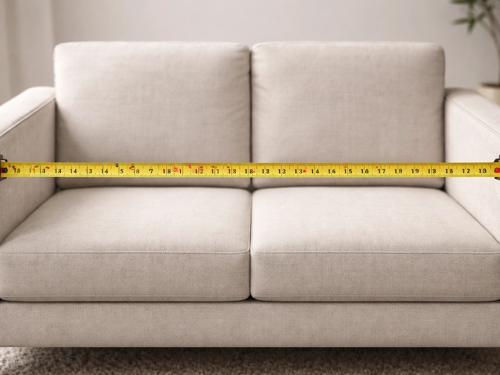 Measuring tape across the widest point of a loveseat/bench to show width, no people visible.