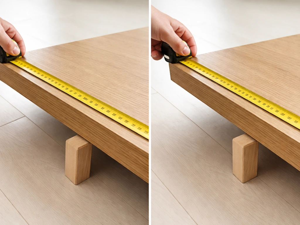 Tape measure measuring a rectangular tabletop length and depth, with height reference from surface to floor.