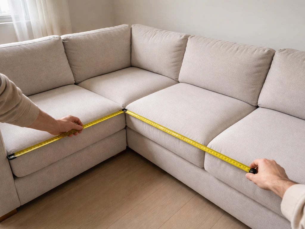 Hands measuring an L-shaped sectional sofa with a tape measure in a quiet, minimal living room.