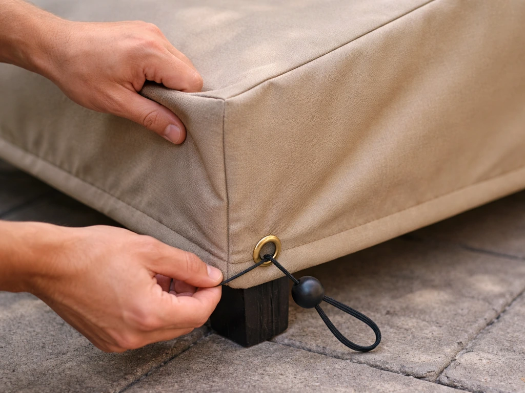 Person adjusting a well-fitted patio furniture cover with bungee-style straps at the hem.
