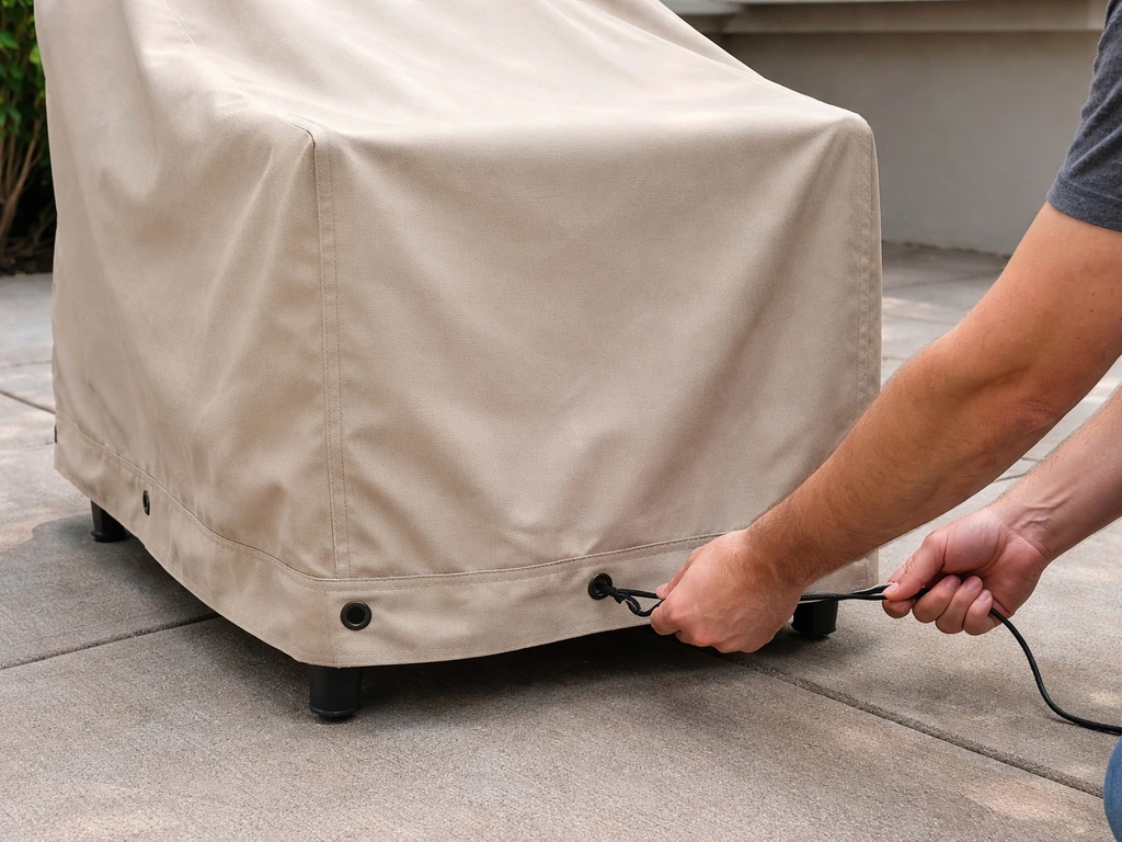 Hands center a patio furniture cover and thread a cord through hem grommets, tying one side snug.