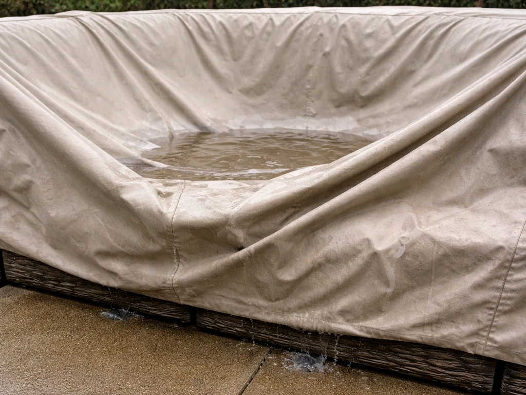 Close-up of an over-sized cover sagging on outdoor furniture, with water pooling in the softened dip.