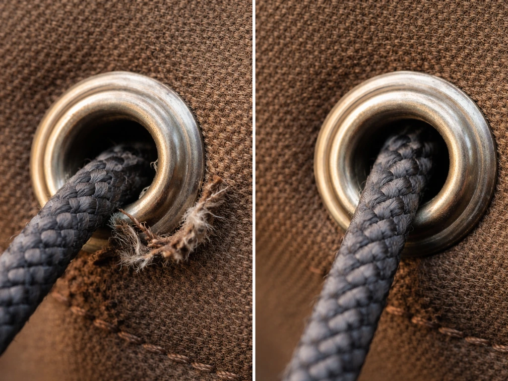 Close-up of an incorrectly angled cord tearing a grommet versus a correctly centered cord.