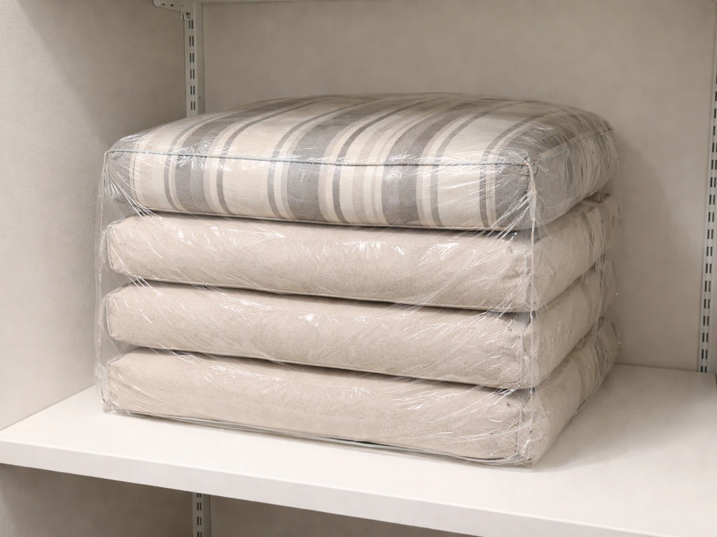 Patio cushions wrapped in protective plastic and stacked neatly in a clean, dry storage area.