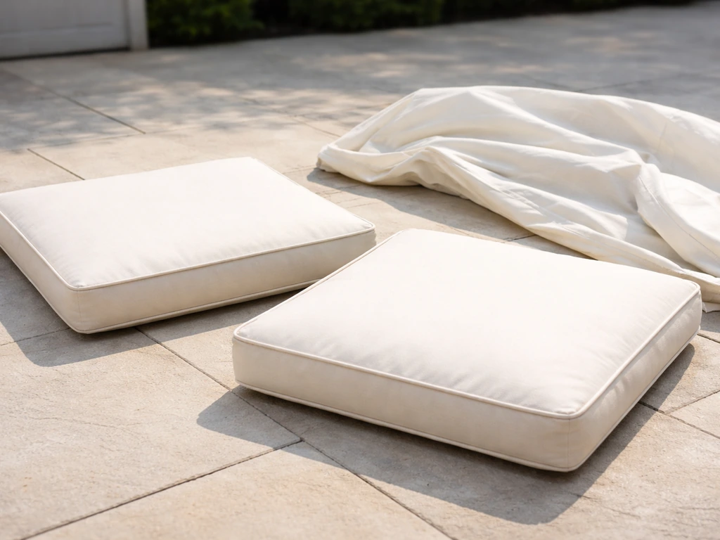 Clean patio cushions laid flat to dry, covered and protected for proper storage