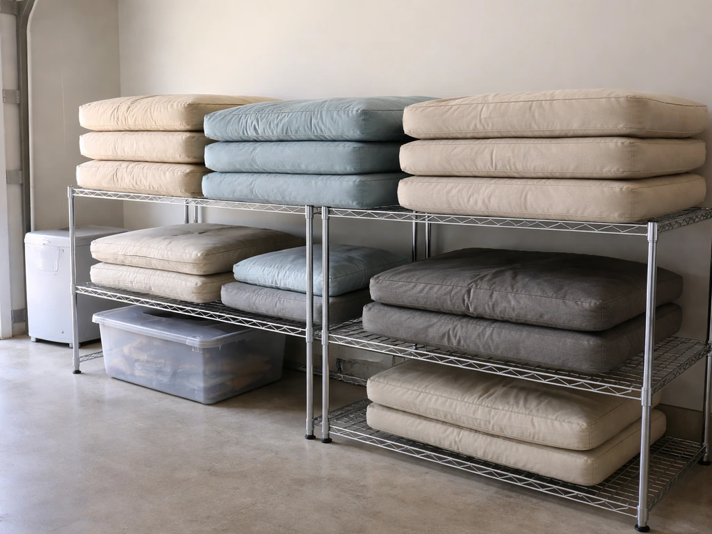 Patio cushions stacked on breathable racks in a moisture-controlled garage, kept off the floor.
