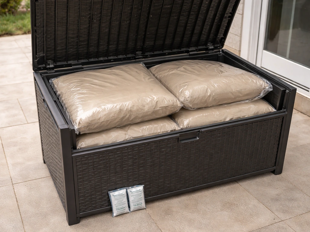 Open weatherproof storage box on a patio holding sealed cushions with silica gel desiccant packs inside.