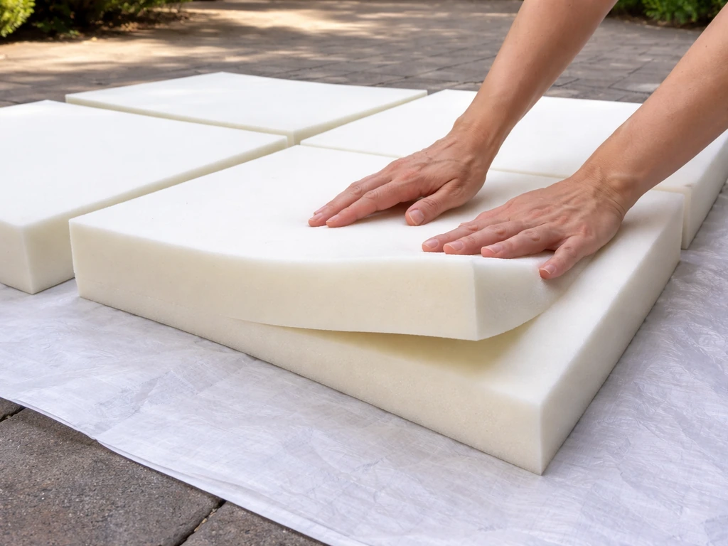 Person inspecting several existing foam patio cushion inserts for springy condition before reusing them
