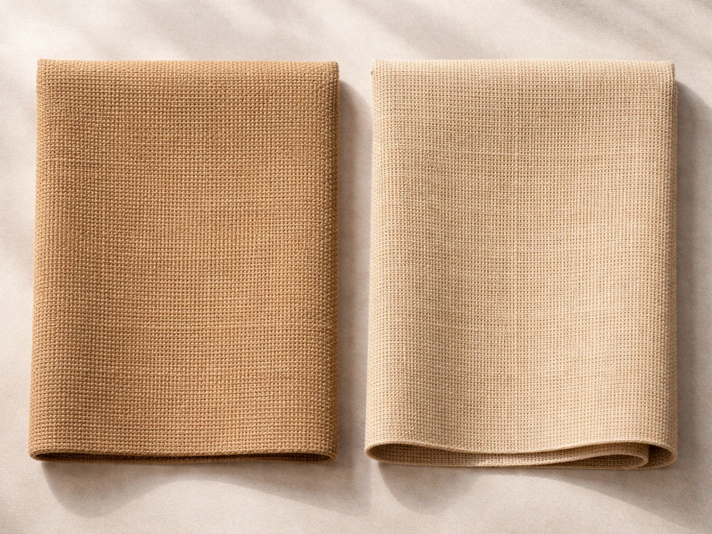 Close-up side-by-side swatches of outdoor fabric showing different textures and color uniformity.
