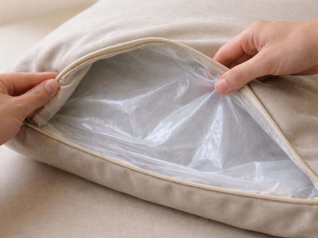 Close-up of a waterproof liner bag being placed inside a cushion cover before assembly