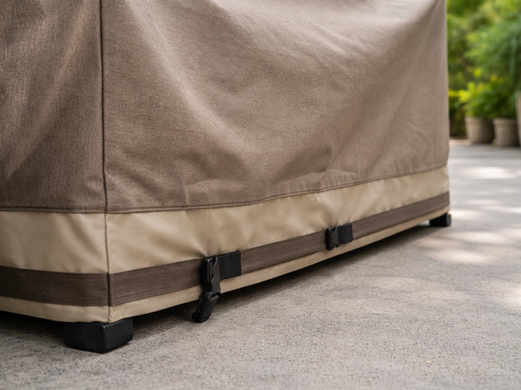 Snug patio furniture cover with cinched straps at the base to stop billowing in wind.