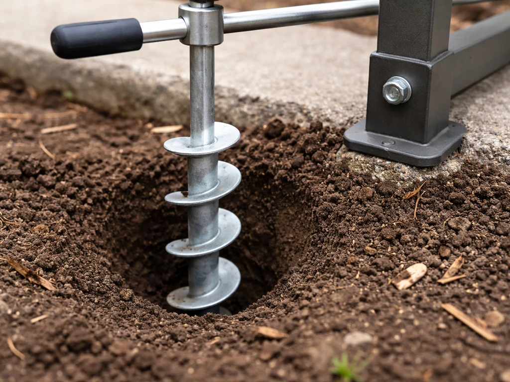 Helical corkscrew anchor being twisted into the ground beside a patio furniture leg connection point