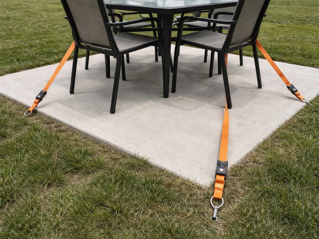 Tensioned ratchet straps connecting patio furniture legs to ground anchor stakes outdoors.